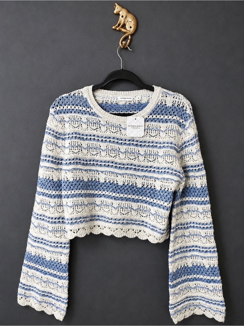 Alter’d State Blue & Cream Crocheted Stripe Pullover Sweater